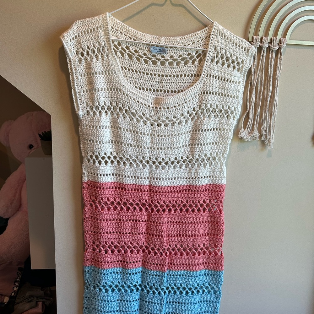 Crochet Striped Dress in White, Pink, and Blue - Picture 5 of 13